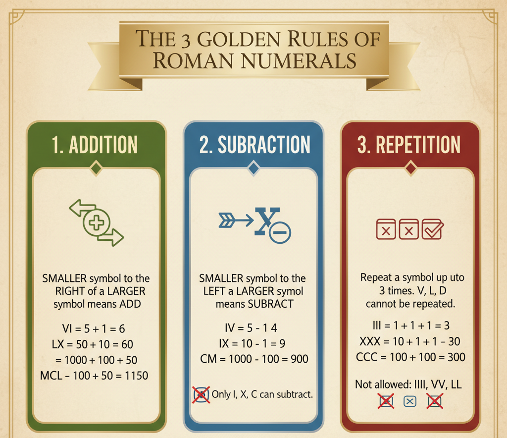 3 Golden Rules of Roman Numerals: Addition, Subtraction, and Repetition